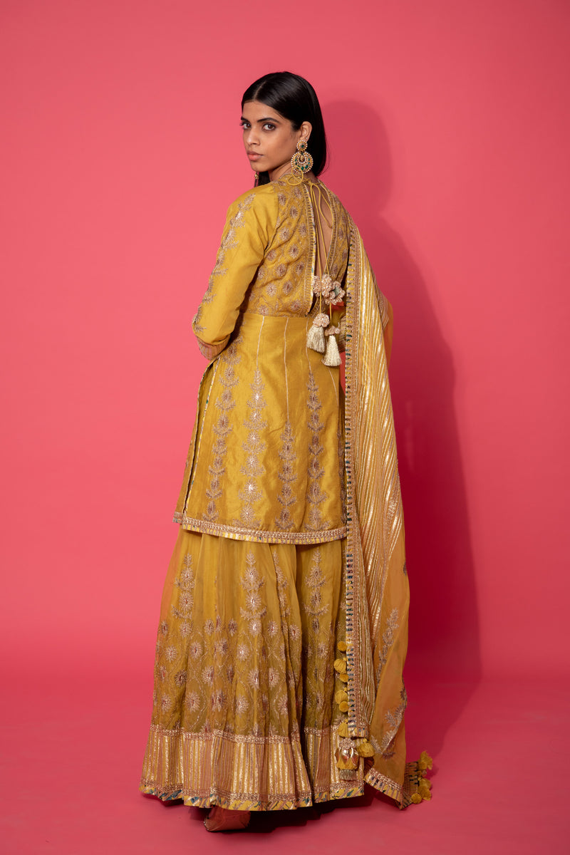 Mustard Gold Short Kurta Sharara Set