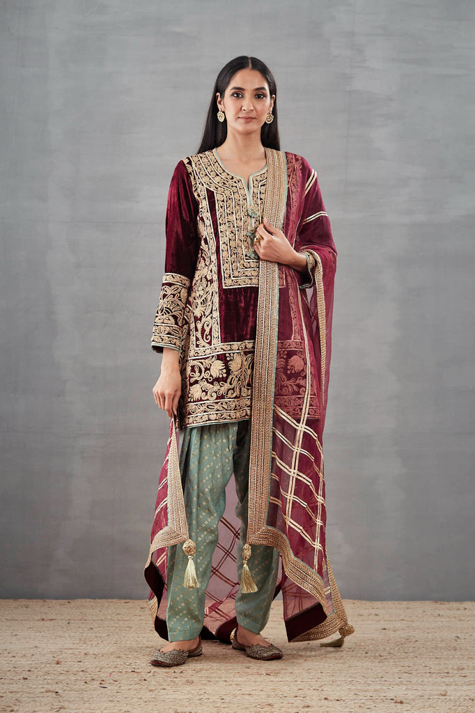 Zuri Velvet Short A-Line Kurta with Salwar