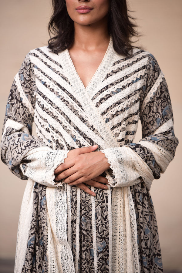 Kalamkari Cross-over Long Kurta with Straight Pants & Dupatta