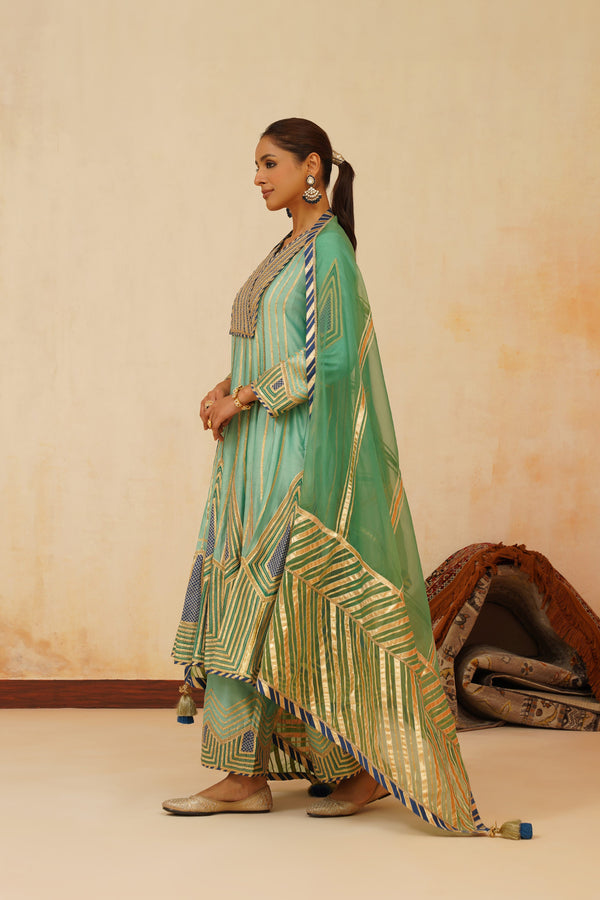 Colourblock Anarkali with Wide Pants