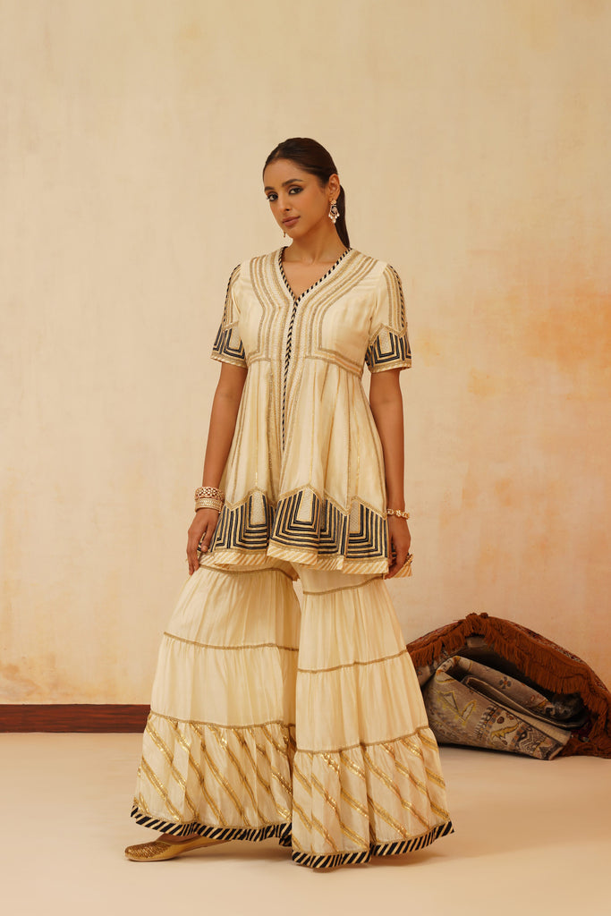 Colourblock Peplum Kurta with Tiered Sharara