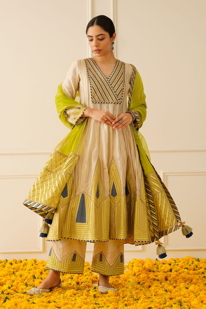 Colourblock Anarkali with Wide Pants