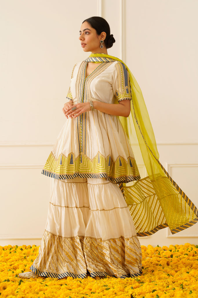 Colourblock Peplum Kurta with Tiered Sharara