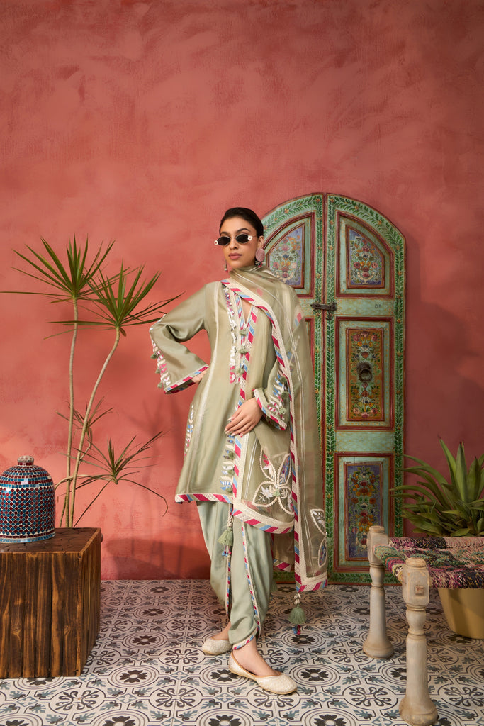 Ikat Applique A-line Short Kurta with Dhoti Pants